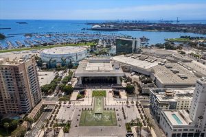 Aerial view of Long Beach looking towards the Terrace Theater and Queen Mary